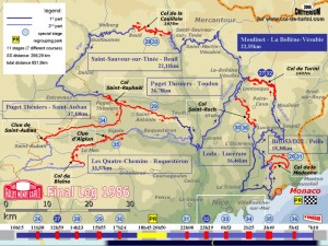 La mappa del Rallye de Montecarlo 1986. L'ultima edizione in cui la "Notte del Turini" consisteva in una vera e propria leg e non in una semplice stage. A guardare gli orari di partenza (in basso) si capisce la grande differenza fra i Rallye di oggi e quelli di un tempo